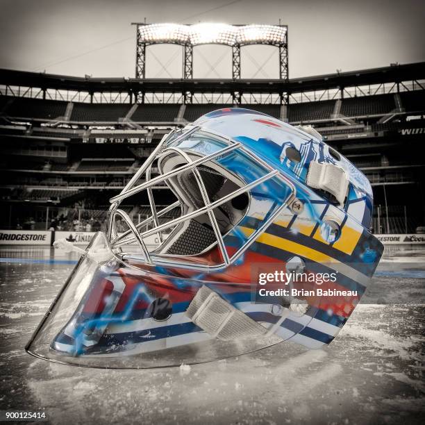 Image has been digitally enhanced.) NEW YORK, NY A detailed view is seen of a New York Rangers goaltender's mask during practice at Citi Field on...