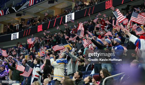 Fan celebrate after the United States scores against Finland late in the third period during the IIHF World Junior Championship at KeyBank Center on...