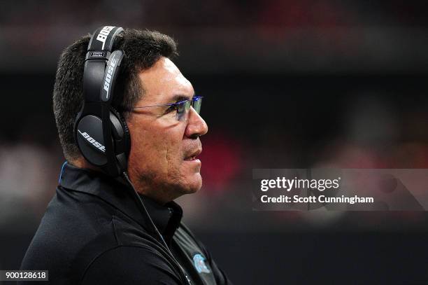 Head coach Ron Rivera of the Carolina Panthers looks on during the second half against the Atlanta Falcons at Mercedes-Benz Stadium on December 31,...