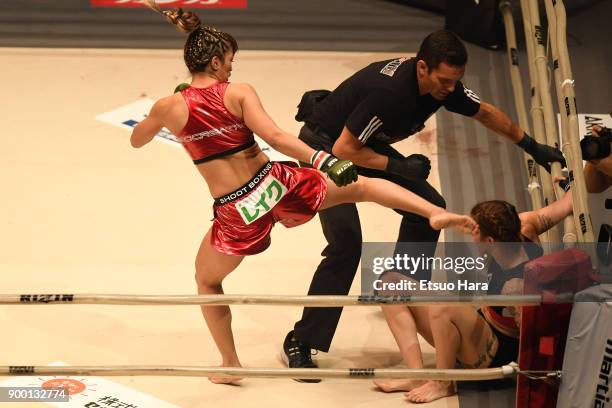 Of Japan kicks Irene Rivera of Spain in the women's super atom weight GP semi-final bout during the RIZIN Fighting World Grand-Prix 2017 final Round...