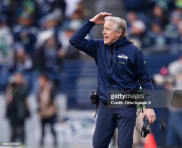 Seattle Seahawks head coach Pete Carroll shouts from the sidelines during the first half of the game against the Arizona Cardinals at CenturyLink...