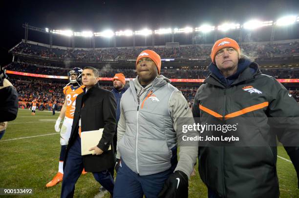 Denver Broncos head coach Vance Joseph looks for Kansas City Chiefs head coach Andy Reid at the end of the game after their loss 27-24 on December...