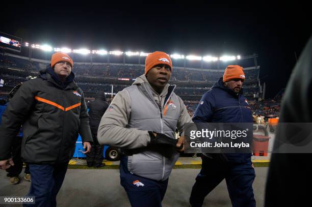 Denver Broncos head coach Vance Joseph walks off the field at the end of the game after their loss to the Kansas City Chiefs 27-24 on December 31,...