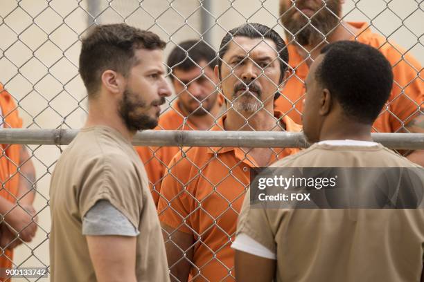 Andy Samberg and guest stars Lou Diamond Phillips and Tim Meadows in the The Big House Pt.1 Season Five premiere episode of BROOKLYN NINE-NINE airing...