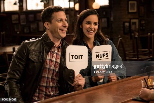 Melissa Fumero and Andy Samberg in the "The Venue" episode of BROOKLYN NINE-NINE airing Tuesday, Nov. 7 on FOX.