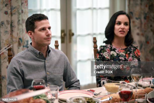 Andy Samberg and Melissa Fumero in the Two Turkeys episode of BROOKLYN NINE-NINE airing Tuesday, Nov. 21 on FOX.