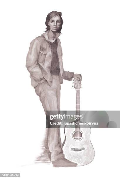 portrait of a young guitarist performed with a pencil - lyric stock illustrations