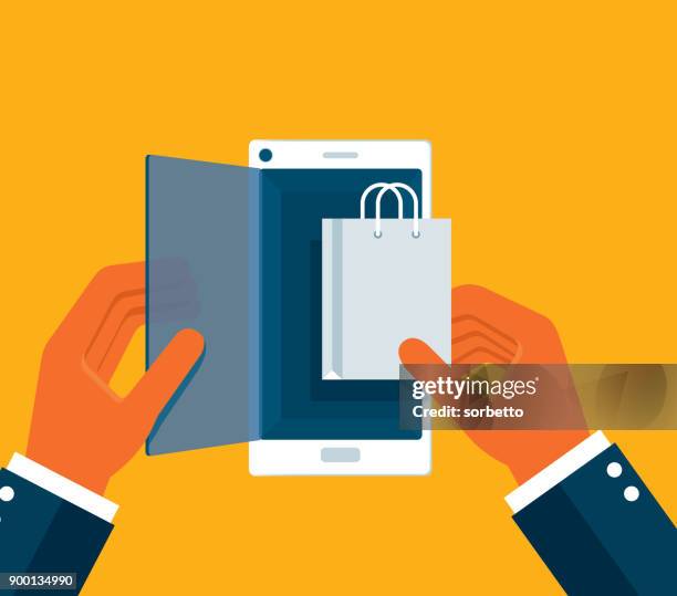 ilustrações de stock, clip art, desenhos animados e ícones de online shopping - mobile phone - bag - onlineshopping