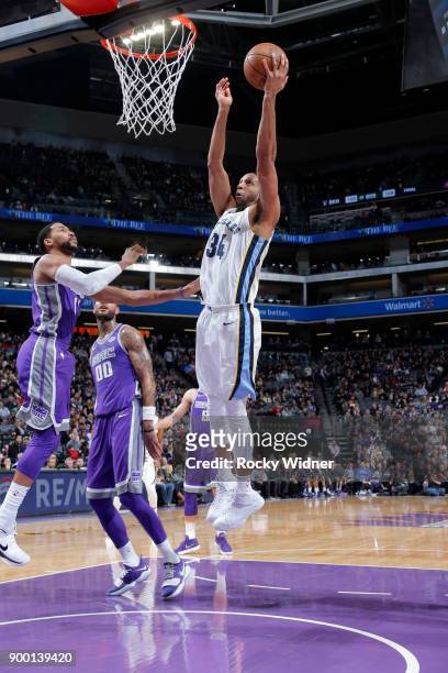 Brandan Wright of the Memphis Grizzlies goes to the basket against the Sacramento Kings on December 31, 2017 at Golden 1 Center in Sacramento,...