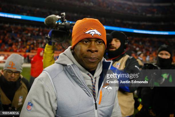 Head coach Vance Joseph of the Denver Broncos walks off the field after a 27-24 defeat to the Kansas City Chiefs at Sports Authority Field at Mile...