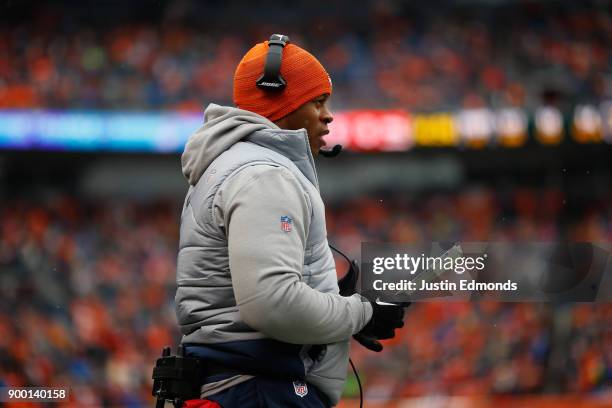 Head coach Vance Joseph of the Denver Broncos looks on during the first quarter of a game against the Kansas City Chiefs at Sports Authority Field at...