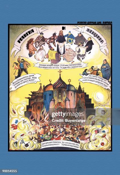 Famous anti-reliogious poster showing Russis varied Jews, Christians and Muslims practicing the folly of their religions