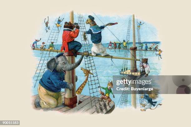 Climbing the rigging of a sailing vessel was the best way to see far off in the distance. It was easy for the monkeys, but the elephant was having a...