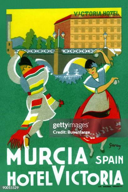 This image is from a vintage luggage label distributed by the Victoria Hotel in Valencia Spain. Featuring colorful Spanish dancers with castanets it...