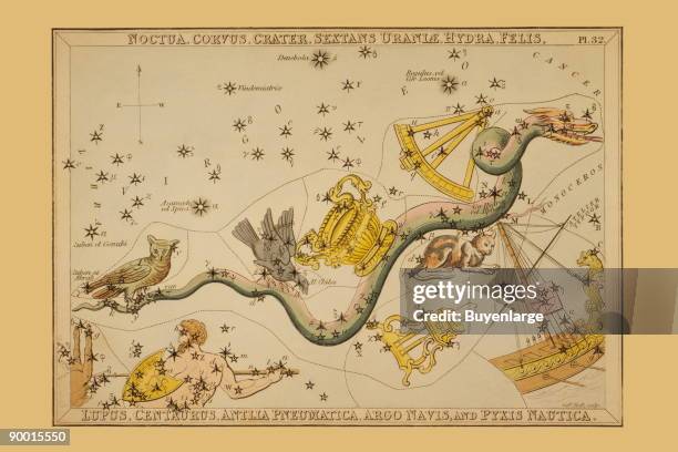 Astronomical chart showing an owl, raven, ornate bowl, sextant, snake, cat, wolf, centaur, air pump, and a ship forming the constellations.