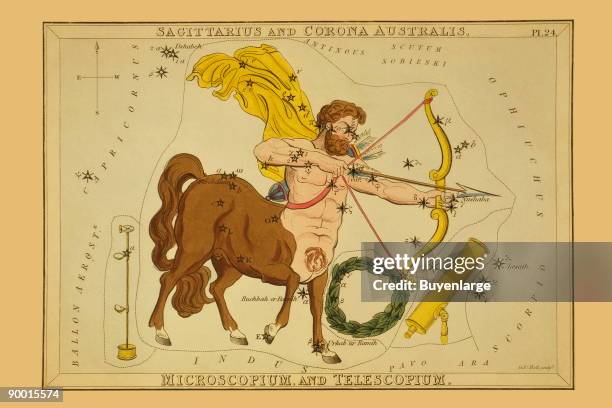 Astronomical chart showing the centaur Sagittarius with bow and arrow, also shows a laural wreath, a telescope, and a microscope forming the...