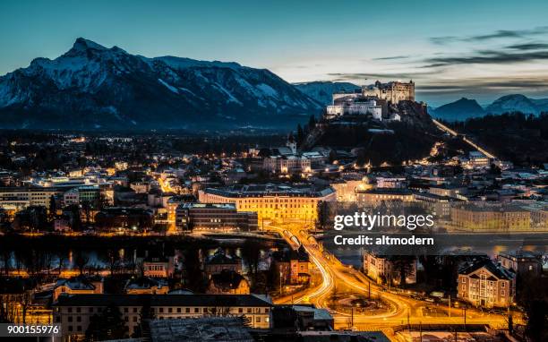 panorama of salzburg historic town blue hour - salzburg stock pictures, royalty-free photos & images