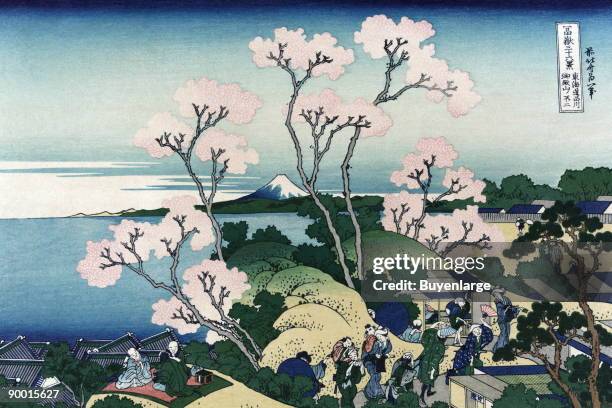 Travelers walk along the Tokaido road and some stop and rest on a blanket, Cherry blossoms in bloom
