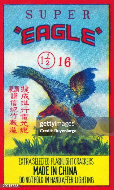 An original firecracker label dating from between 1930 and 1950, made for export, or for internal use in China. This "Eagle" brand had 16...