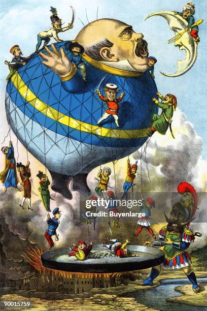 Italian political cartoon shows a large balloon in the shape of a man ready to gobble up the moon defended by a man holding a fork. Other armed men...