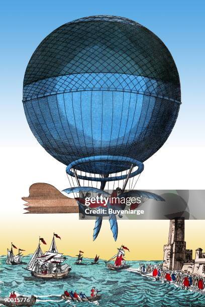 Jean Pierre Blanchard and John Jefferies arriving in Calais after crossing the English Channel in a hot air balloon.