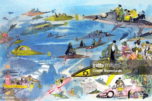 Futuristic view of air travel over Paris as people leave the Opera. Many types of aircraft are depicted including buses and limousines, police patrol...