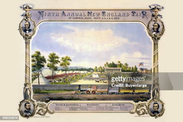 View of fairground, with horses racing, tents, and crowds, and railroad train in foreground, Lowell, Massachusetts.