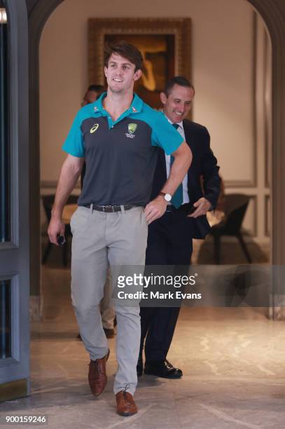 Australian cricketer Mitchell Marsh arrives for a press conference at the team's hotel on January 1, 2018 in Sydney, Australia.
