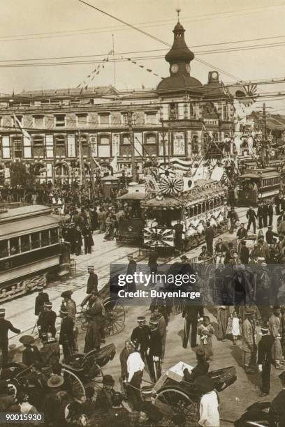 Crowds on a Tokyo street, near the train station during the celebration of Admiral Togo's visit in Oct., 1905