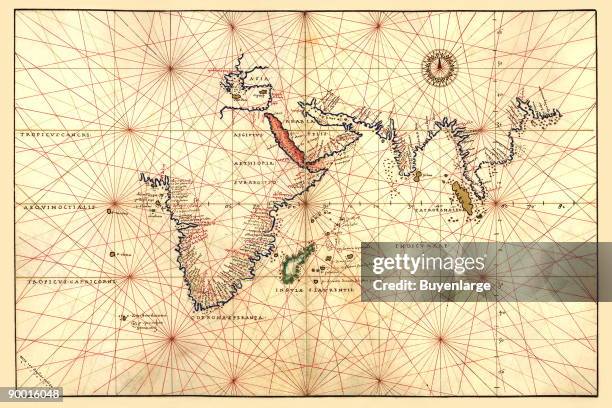 Portolan Map of Africa, the Indian Ocean and the Indian Subcontinent. Done in 1544 by the Italian cartographer Battista Agnese.