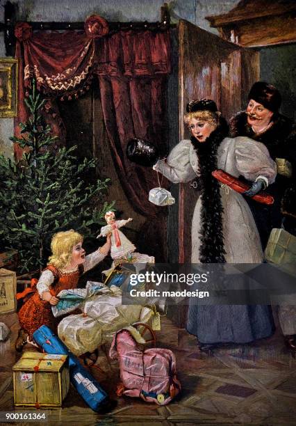 christmas scene in the living room. young girl unpacking presents before christmas. parents are shocked - 1896 - christmas past present future stock illustrations