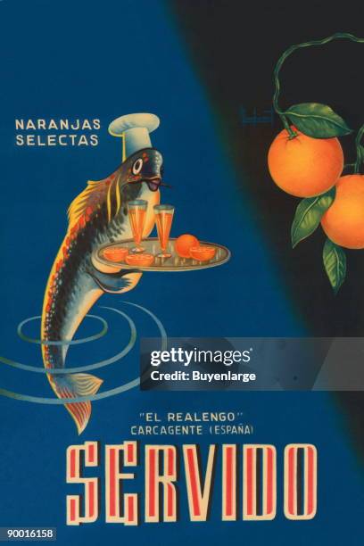 Spanish organges are promoted on this citrus crate label with a fish serving food like a waiter. These select oranges are grown by the El Realengo...