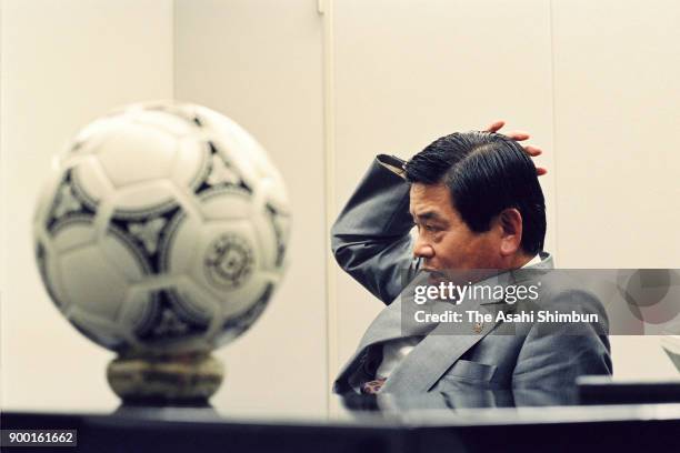 League chairman Saburo Kawabuchi speaks during the Asahi Shimbun interview on October 2, 1992 in Tokyo, Japan.