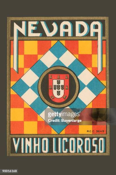 Liquor label for Nevada liquors and wines. Featuring geometric designs and a crest.