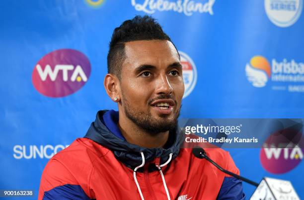 Nick Kyrgios of Australia speaks at a press conference during day two of the 2018 Brisbane International at Pat Rafter Arena on January 1, 2018 in...