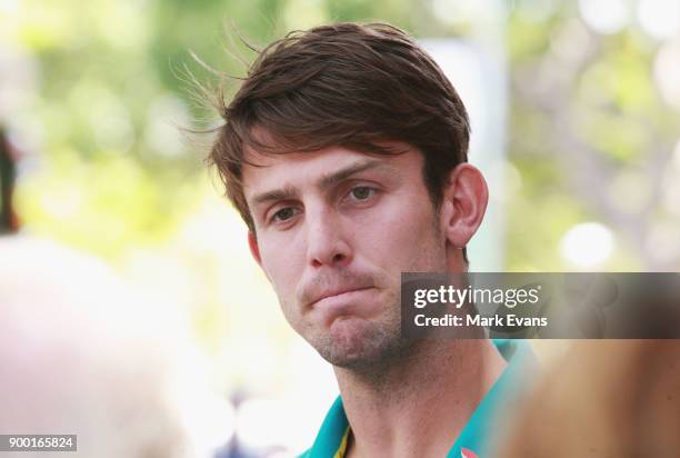 Australian cricketer Mitchell Marsh speaks during a press conference at the team's hotel on January 1, 2018 in Sydney, Australia.