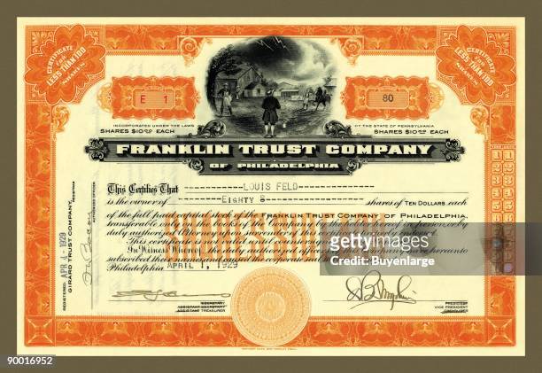 The vignette of Benjamin Franklin flying his kite in an electric storm makes this special as a stock certificate. Orange Border.