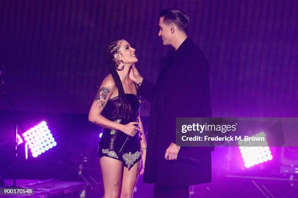 Halsey and G-Eazy perform onstage during Dick Clark's New Year's Rockin' Eve with Ryan Seacrest 2018 on December 31, 2017 in Los Angeles, California.