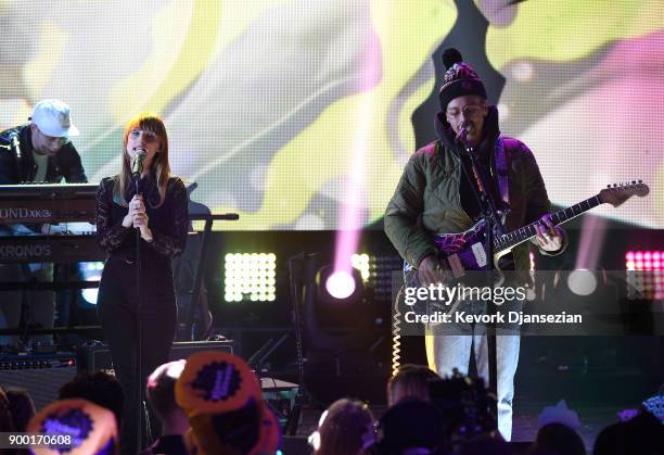 Zoe Manville and John Gourley of 'Portugal. The Man' perform onstage at Dick Clark's New Year's Rockin' Eve with Ryan Seacrest 2018 on December 31,...