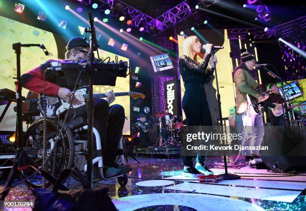 Eric Howk, Zoe Manville, and John Gourley of 'Portugal. The Man' perform onstage at Dick Clark's New Year's Rockin' Eve with Ryan Seacrest 2018 on...