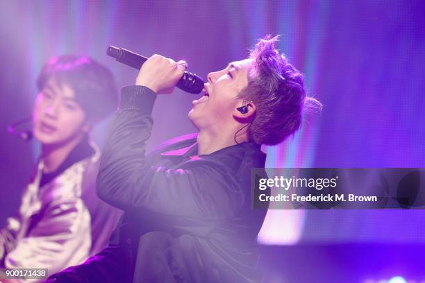 Performs onstage during Dick Clark's New Year's Rockin' Eve with Ryan Seacrest 2018 on December 31, 2017 in Los Angeles, California.