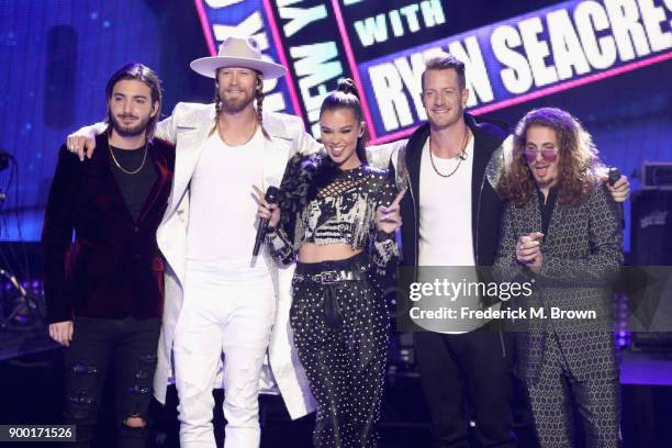 Alesso, Brian Kelley of Florida Georgia Line, Hailee Steinfeld, Tyler Hubbard of Florida Georgia Line and watt perform onstage during Dick Clark's...