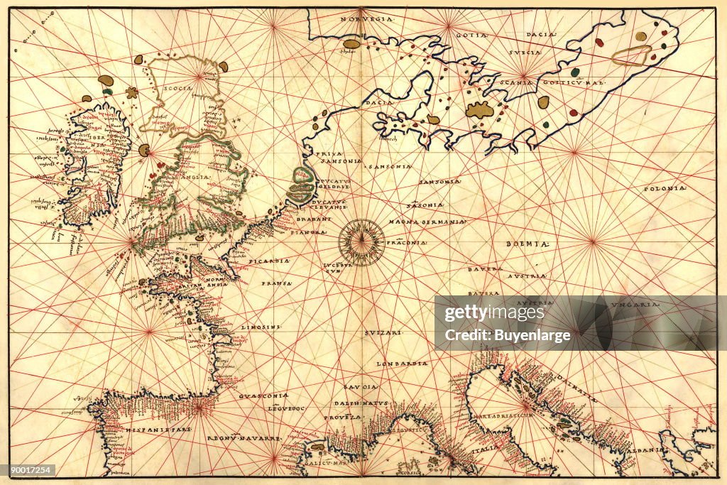 Portolan Map of Spain, England, France, Germany, The British Isles