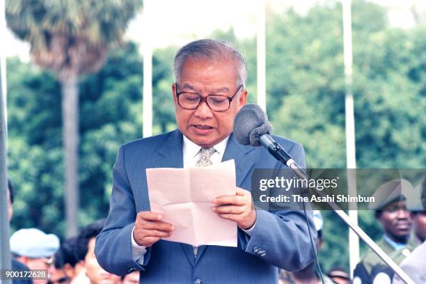 Prince Norodom Sihanouk of Cambodia addresses during the UNTAC Military Parade on October 23, 1992 in Phnom Penh, Cambodia.