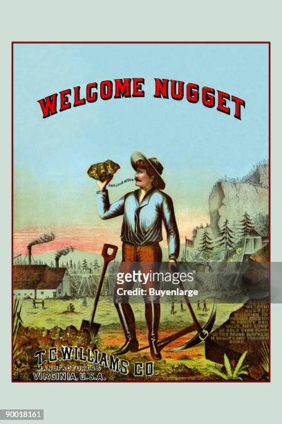 Vintage tobacco label. The scene commemorates find a giant gold nugget and has an inscription on the rock which reads: "As the 'Welcome Nugget'...