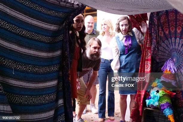 Cleopatra Coleman, Mel Rodriguez, Will Forte, January Jones and Kristen Schaal in the "Not Appropriate for Miners" episode of THE LAST MAN ON EARTH...