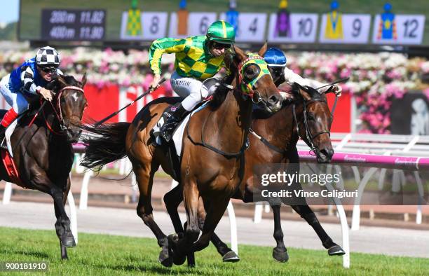 Damian Lane riding Parthesia defeats Linda Meech riding Etah James in Race 7, Bagot Handicap during Melbourne Racing at Flemington Racecourse on...