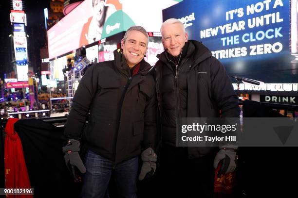 Andy Cohen and Anderson Cooper host CNN's New Year's Eve coverage at Times Square on December 31, 2017 in New York City.