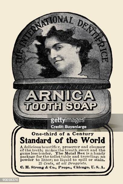 An early newsprint advertisement of "The international dentifrice, Arnica Tooth Soap." Claiming this to be the standard of the world.