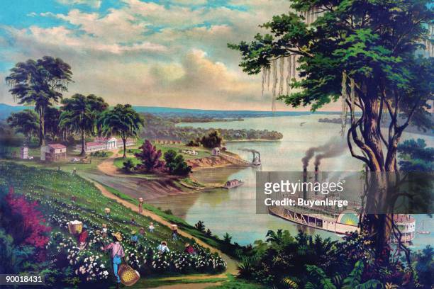 View on the lower Mississippi." African Americans picking cotton, riverboats on river, plantation house in distance.
